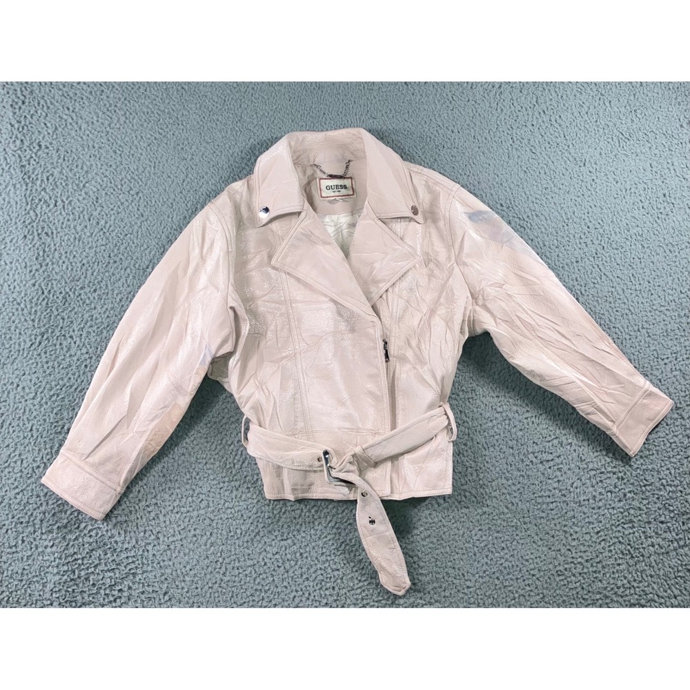Guess‎ Moto Jacket Women S Pink Crinkled Faux Leather Belted Cropped Biker